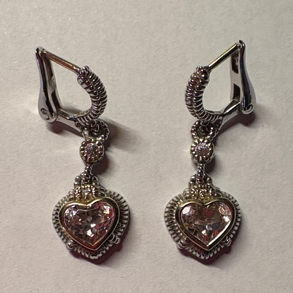 Elegant Judith Ripka Silver and Gold Pink Topaz Heart Earrings - Picture 2 of 3